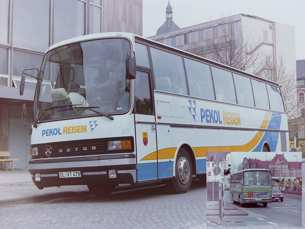 Wer kann sich noch an die Reisebusse von Pekol erinnern. Erst im hellen grn (kleines Bild) spter in den Farben der Firma WOLTERS. Am 27.06.1985 endete die ra eines der letzten groen privaten Nahverkehrsunternehmen in Deutschland, den Oldenburger Vorortbahnen Pekol GmbH.