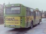 MAN SL 200/144985/wagen-33-ol-nc-533-ez-1978 Wagen 33, OL-NC 533, EZ: 1978. Das Bild zeigt den Bus mit der ersten Werbung, aufgenommen im Jahr 1984 an der Endstation der Linie 1 AM STADTRAND.