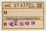 OVB Pekol/148283/1982-wie-gesagt-die-strecken-ausserhalb 1982. Wie gesagt, die Strecken ausserhalb der Stadtgrenze waren zuschlagpflichtig und erforderten die Lsung eines Fahrscheines der Preisgruppe VIII. Diese Fahrscheine, in der Gre 40x58mm. wurden vom Fahrer verkauft und sofort abgestempelt. Die senkrecht stehende Ziffer ist die Personalnummer des Fahrers, die folgende Ziffer in diesem Fall die 15, steht fr die 15. Stunde, die 03 gibt das Datum und die letzte Ziffer die Linie an. An einer Endstation angekommen mussten die Fahrer die Nummern der Fahrscheine in ihre Kontrollhefte eintragen, um den Kontrolleuren die Mglichkeit zu geben die von Fahrgsten vorgezeigten Fahrscheine zu prfen.