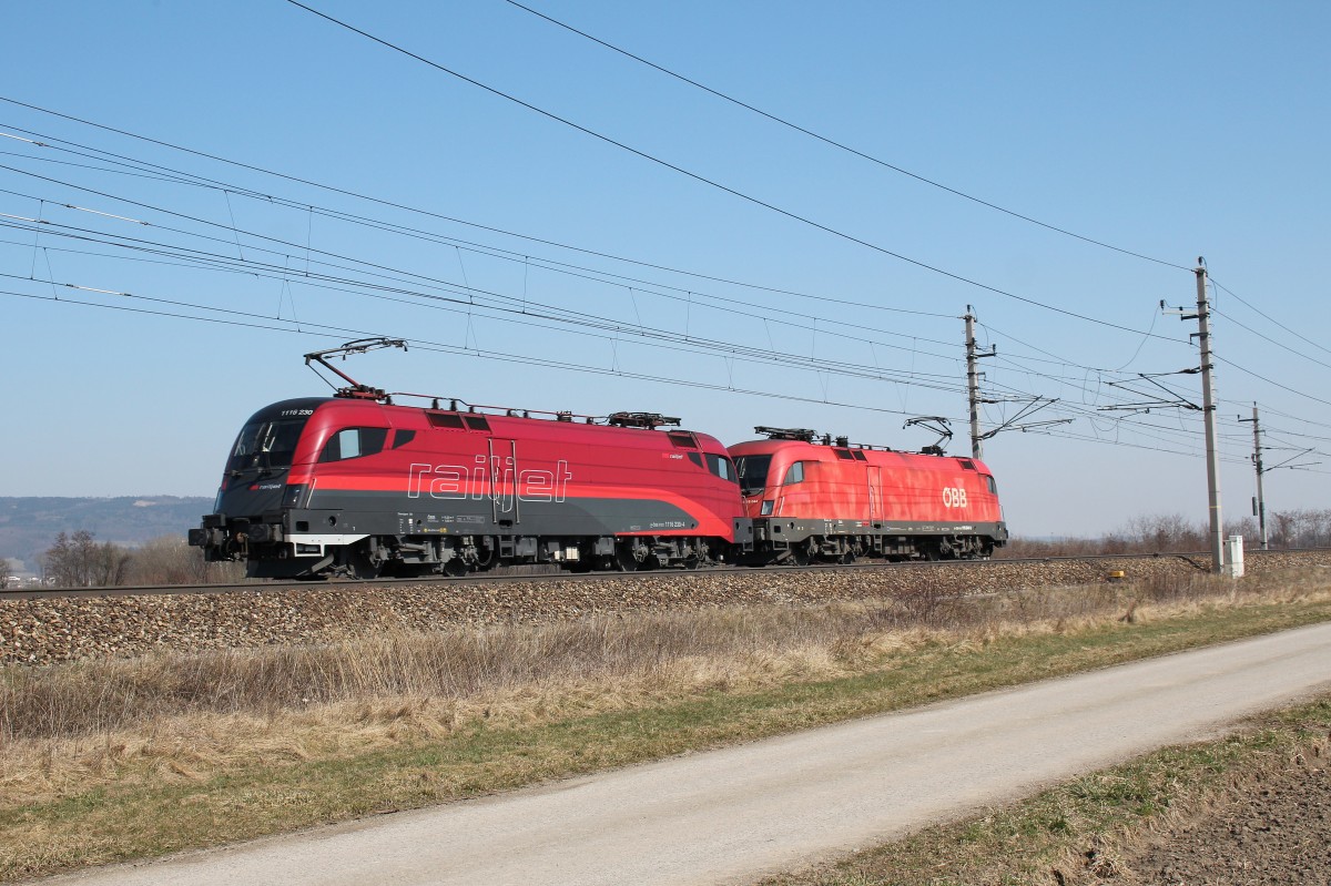1116 044-9 und 1116 230-4 bei Testfahrten am 18. M�rz 2015 bei Gro�sierning.