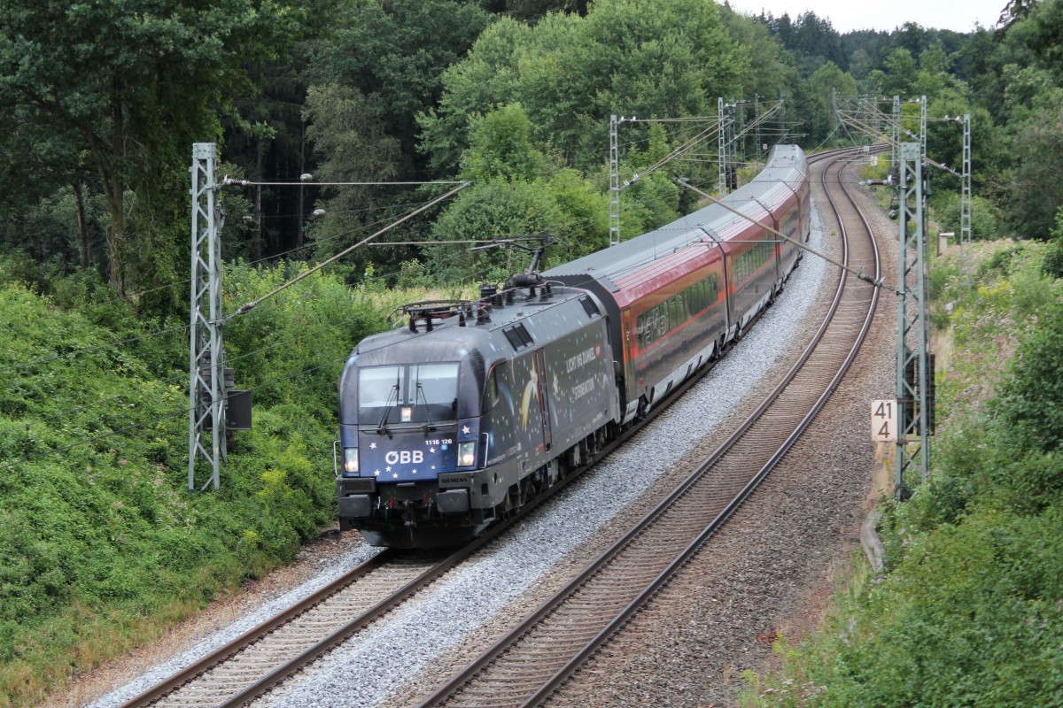 1116 129  Licht ins Dunkel  mit einem Railjet am 16. August 2015 bei Sossau.