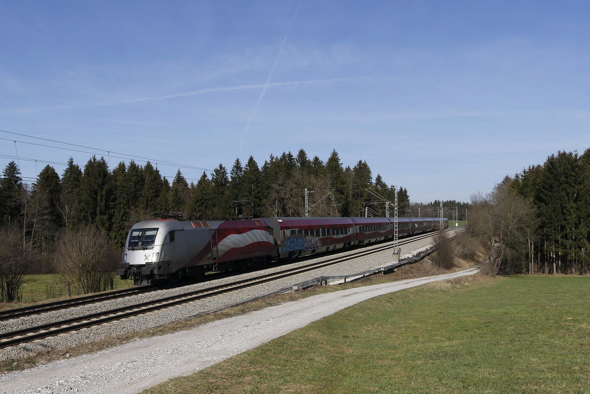 1116 249 mit dem  Ski-WM-Railjet  am 21. M�rz 2019 aus Salzburg kommend bei Grabenst�tt.