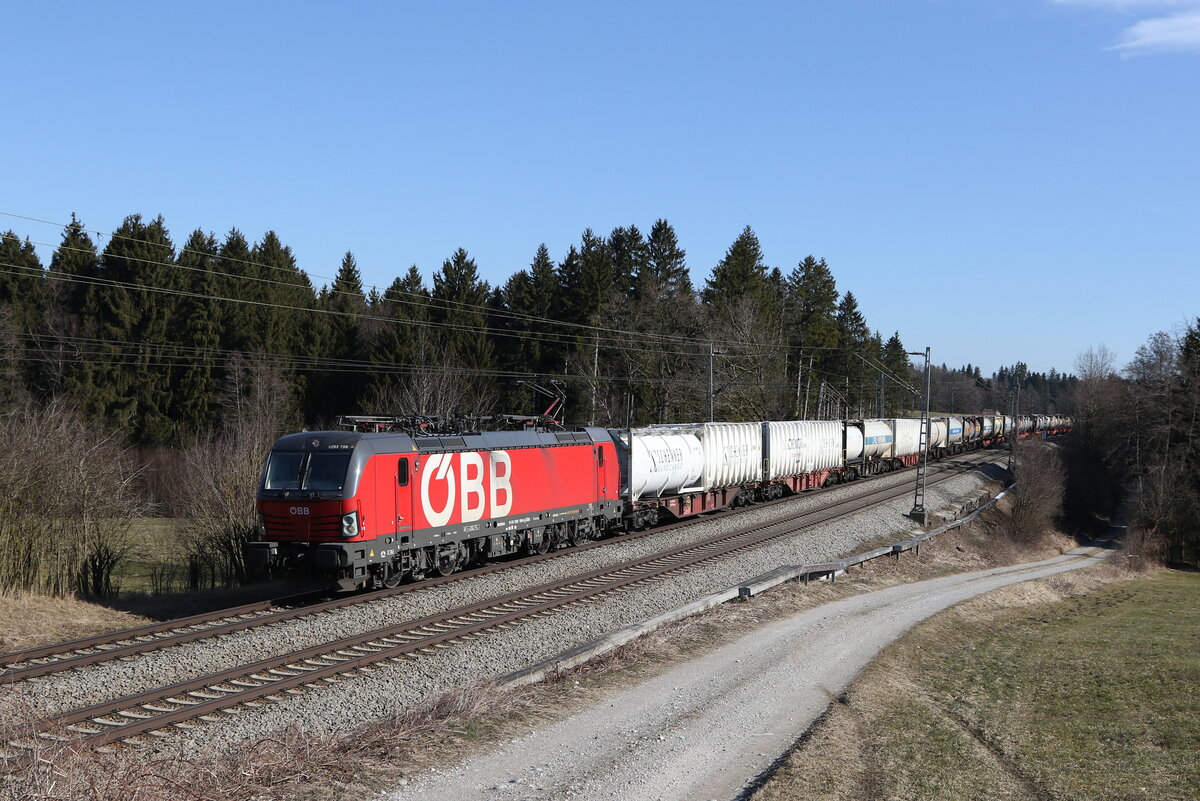 1293 199 mit einem Containerzug aus Salzburg kommend am 3. M�rz 2022 bei Grabenst�tt im Chiemgau.