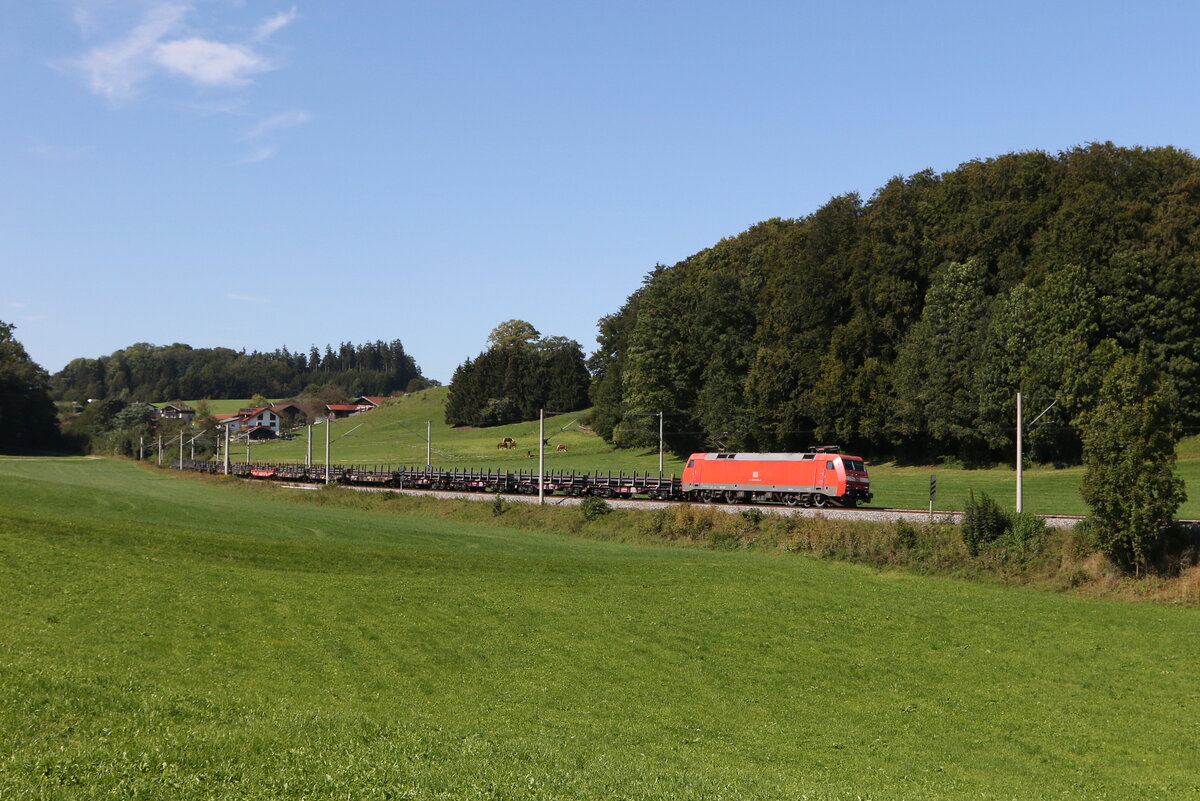 152 043 war am 18. September 2024 mit einem Stahlzug bei Axdorf auf dem Weg nach Freilassing.