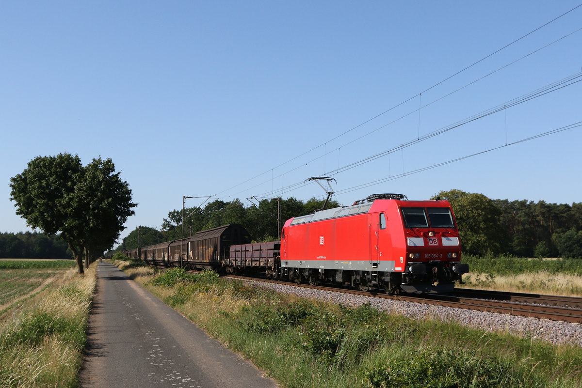 185 064 mit einem gemischten G�terzug am 26. Juni 20220 bei D�rverden.