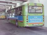 MAN SL 200/146591/wagen-47-etwas-bunter-war-dann Wagen 47. Etwas bunter war dann wieder das Design mit dem der Bus ausschied. Die Aufnahme entstand im September 1989. Der Bus steht in der ueren rechten Reihe, neben der Waschanlage, in der Fahrzeughalle Alexanderstrae.